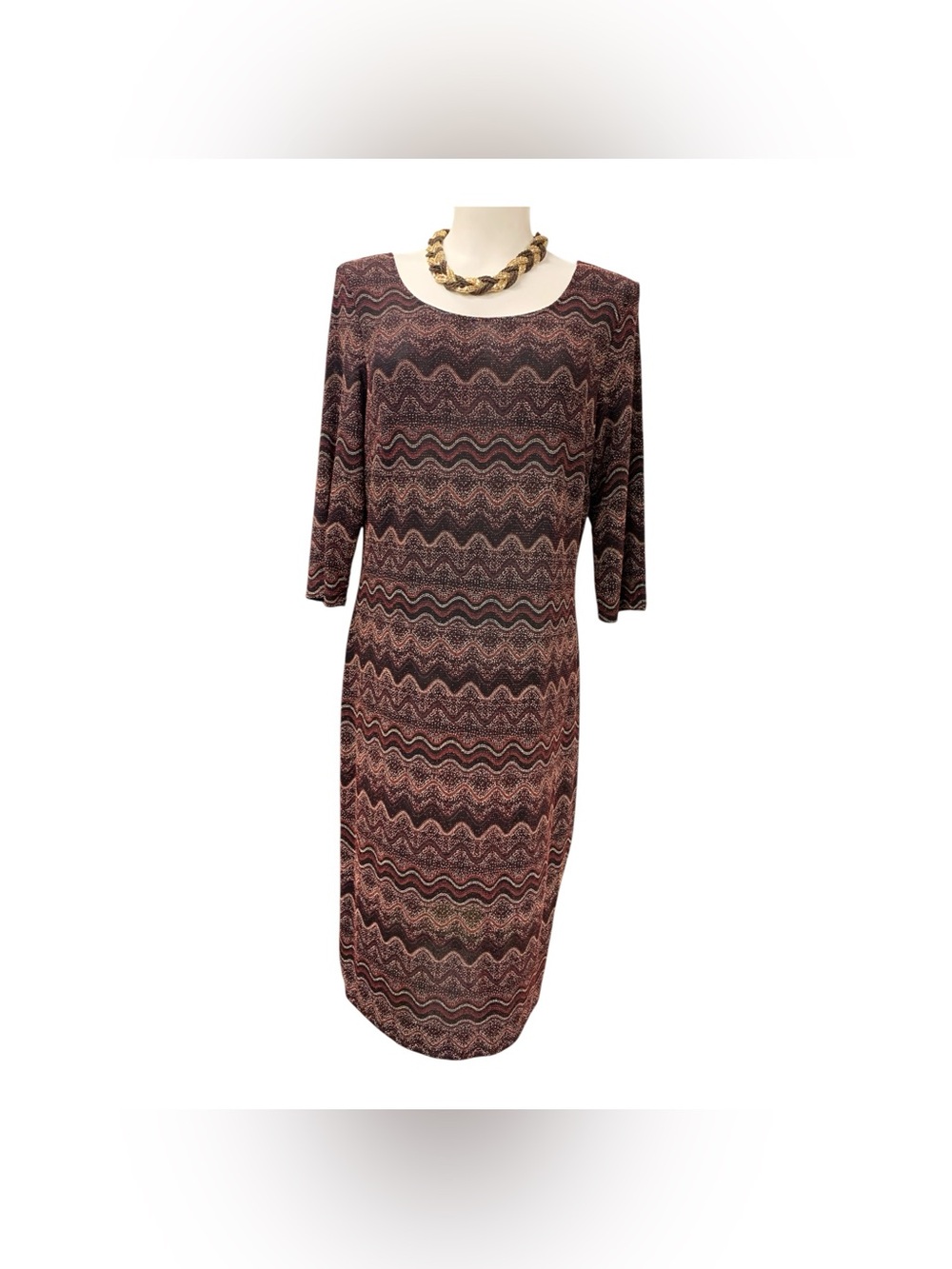Tradition Chevron-Pattern Midi Dress in Burgundy and Black Size L